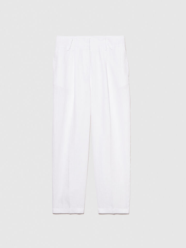 100% linen barrel leg trousers - women's carrot fit trousers - White | Sisley image number 6